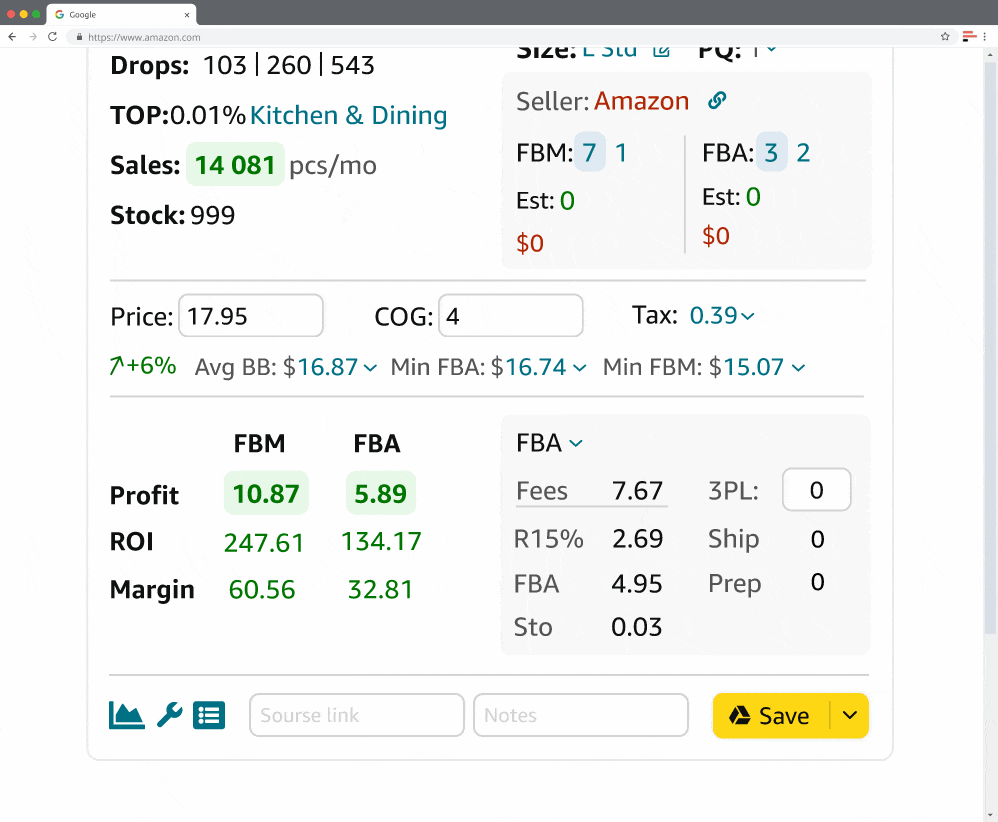 FBM&FBA hesaplayıcısı ücretleri ve lojistik maliyetlerini gösterir