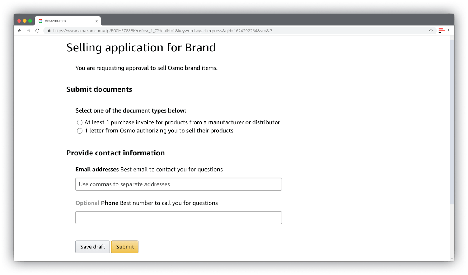 Amazon notification and a form requiring to obtain permission selling restricted product