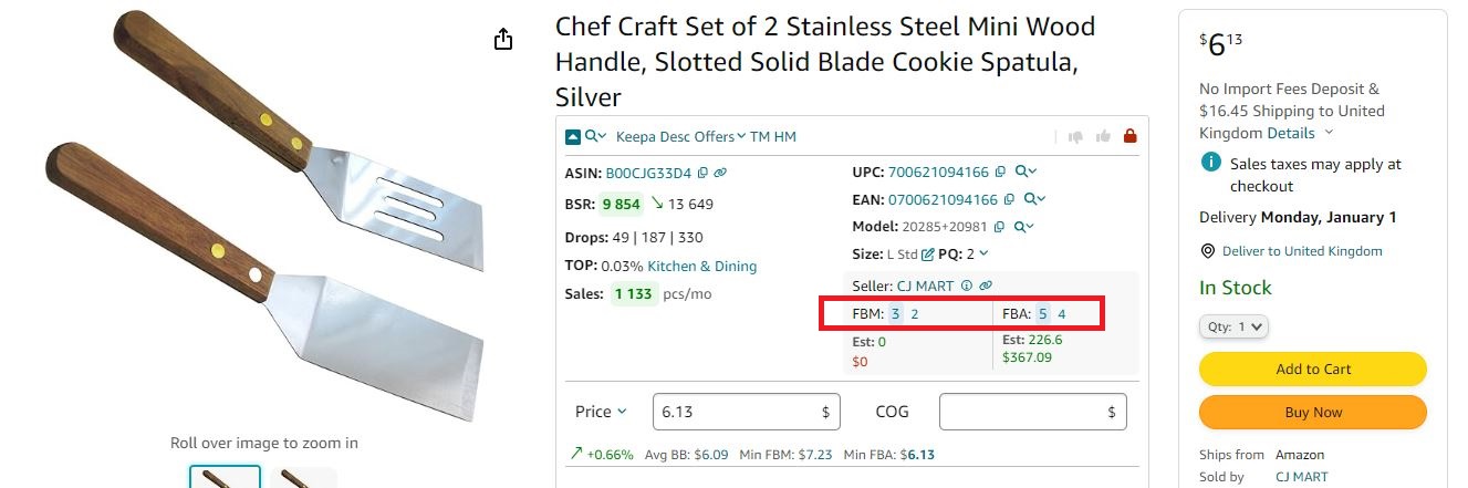 Seller Assistant displays the number of FBA and FBM sellers 