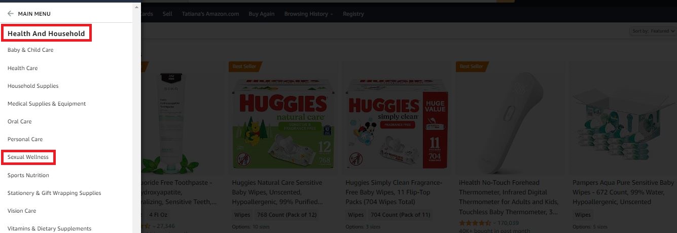 Adult products on Amazon should be listed under Health&Household /> Sexual Wellness