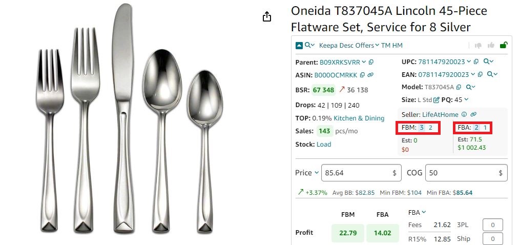 Seller Assistant App shows the number of FBA and FBM offers