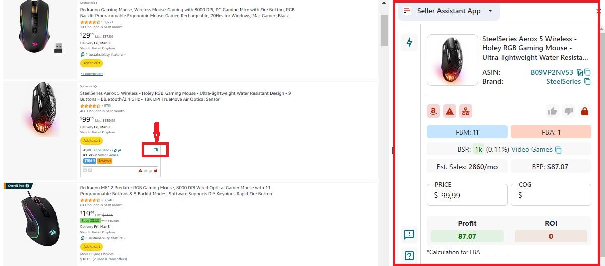 Side Panel View on Amazon search pages