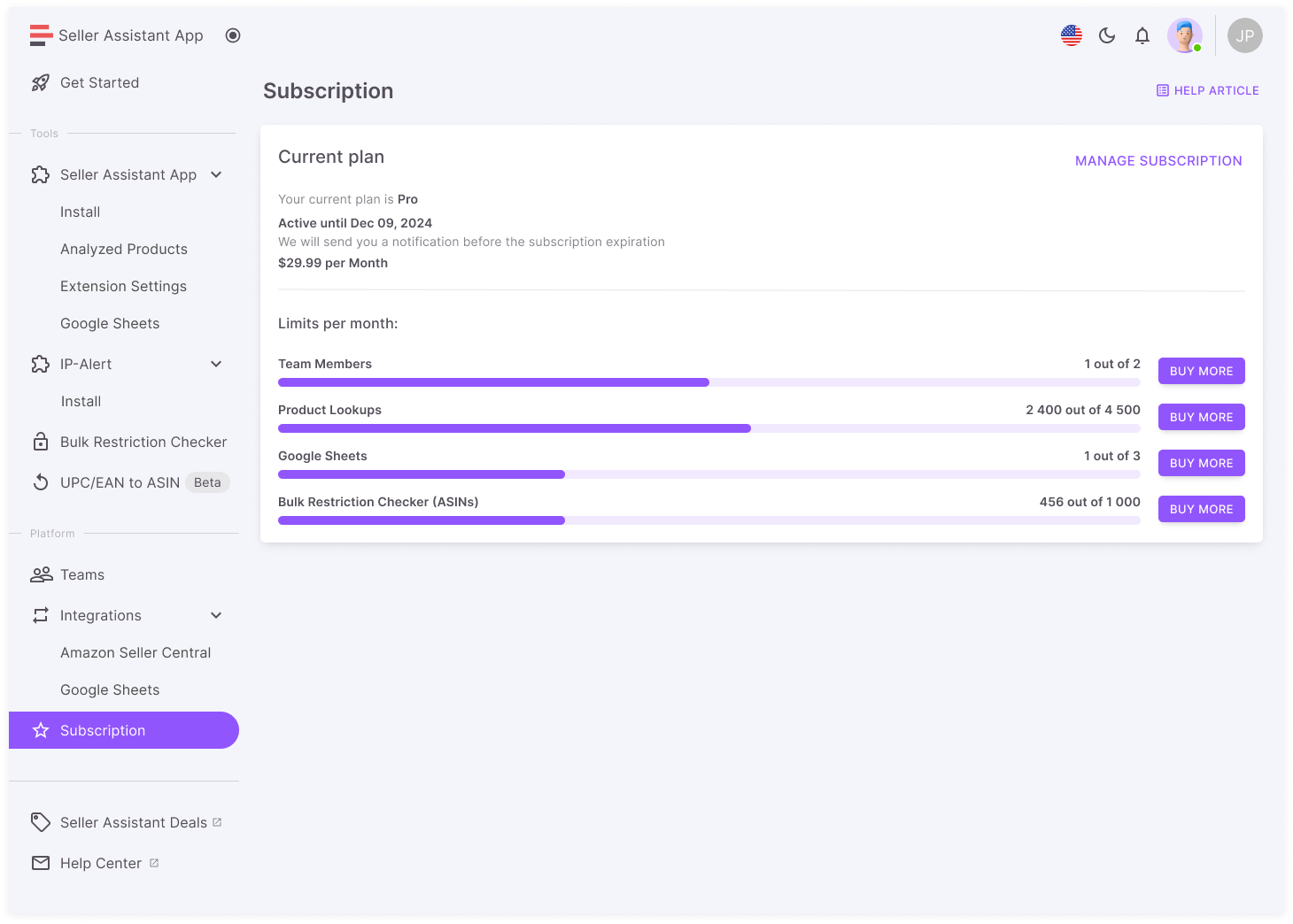 You can buy add-ons on the Subscription page or by pressing the button 'Manage subscription'