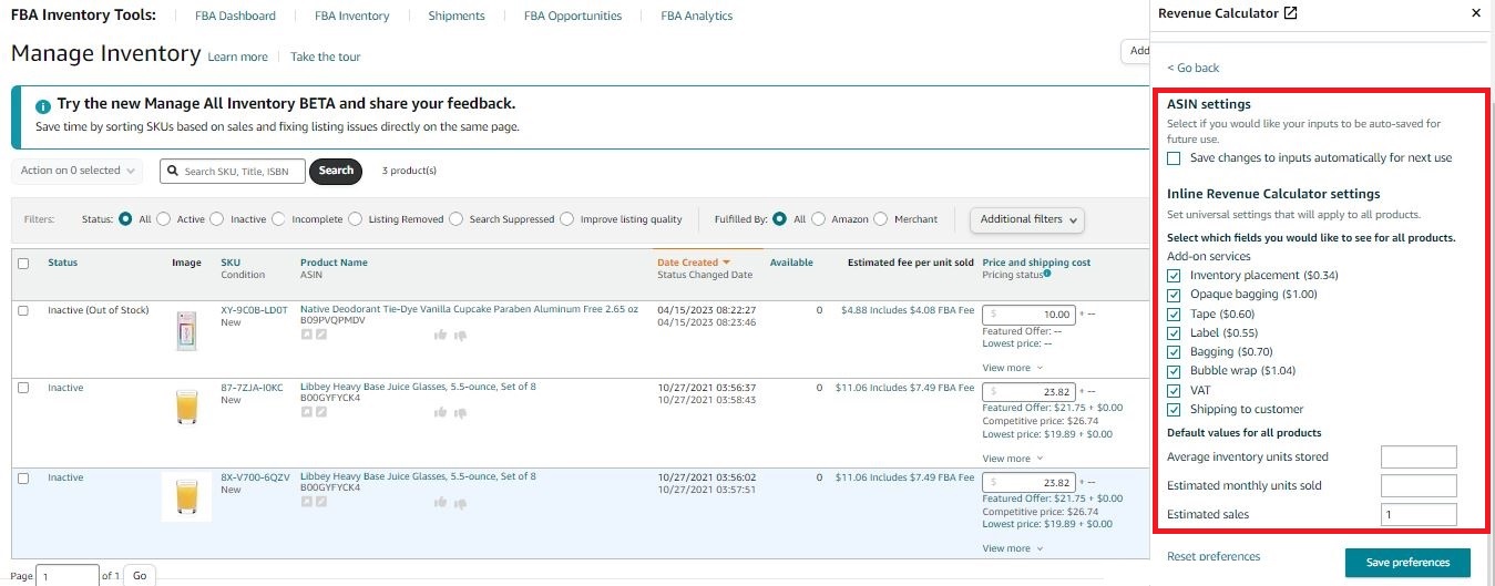 Inline revenue calculator