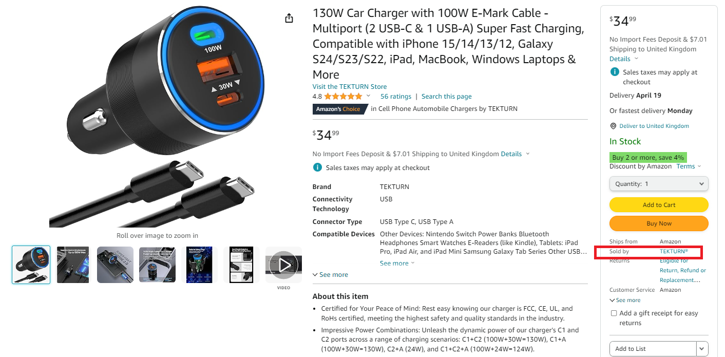 Look for the seller's name displayed below the Featured Offer (Buy Box) in the “Sold by” line