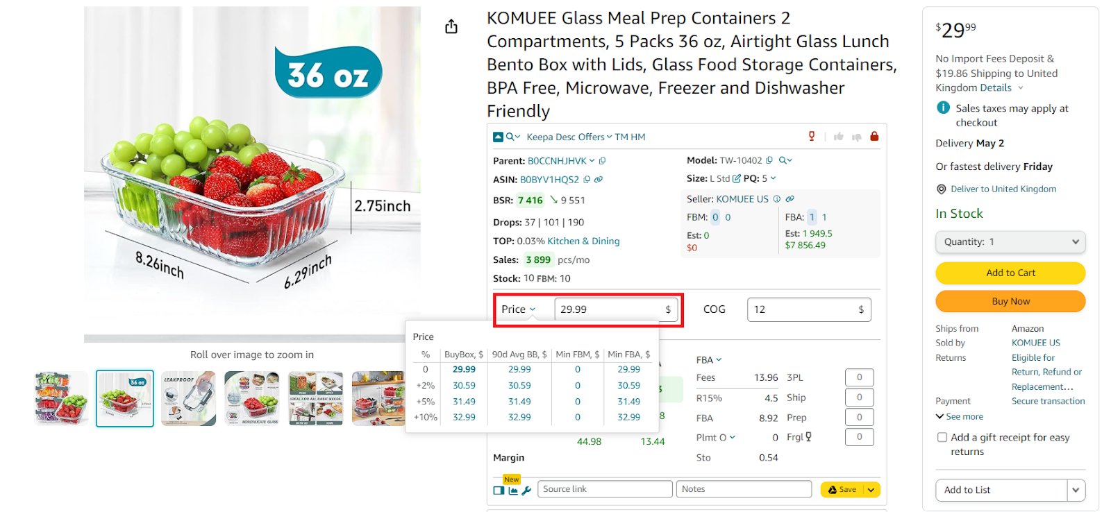 Seller Assistant shows you the maximum FBA and average (over 90 days) Buy Box prices (the best price offer). Click the small arrow beside the “Price” to set the Buy Box +2, 5, and 10%.