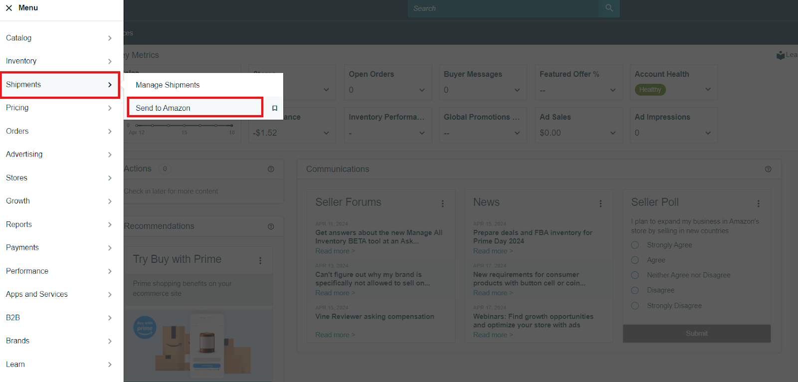 In your Seller Central side menu, go to Shipments /> Send to Amazon.
