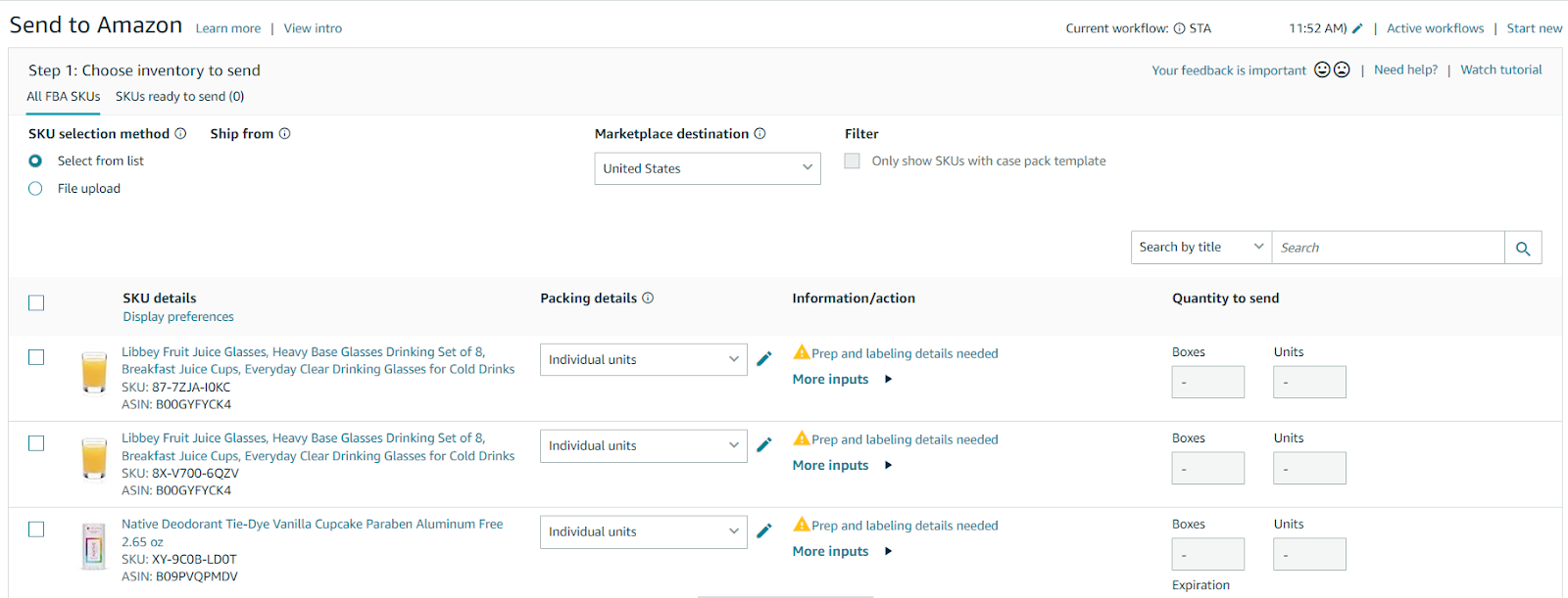 Select the products you want to send to Amazon and specify the quantity for each item.