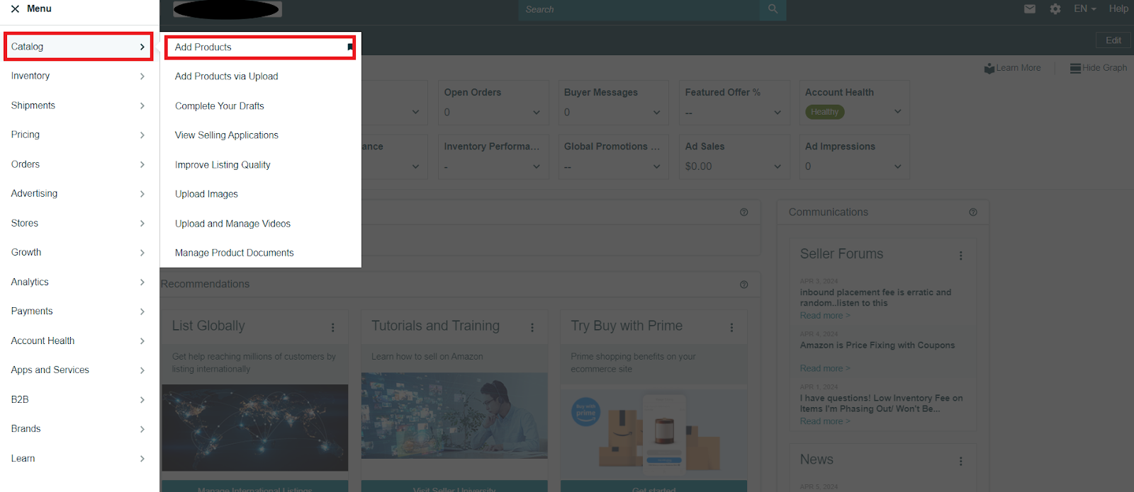 Go to your Seller Central account. In the menu, select Catalog /> Add Products.’ 