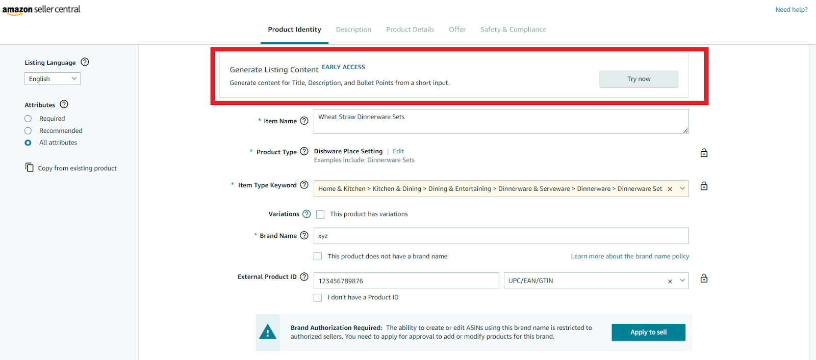 You can use Amazon’s Generate Listing Content tool to create the Title, Description, and Bullet Points