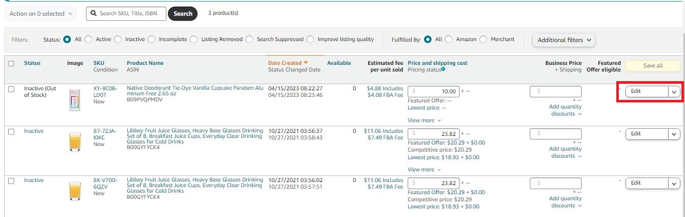 To enroll existing products to FBA, in the Inventory /> Manage All Inventory, click Edit and Change to Fulfilled by Amazon.