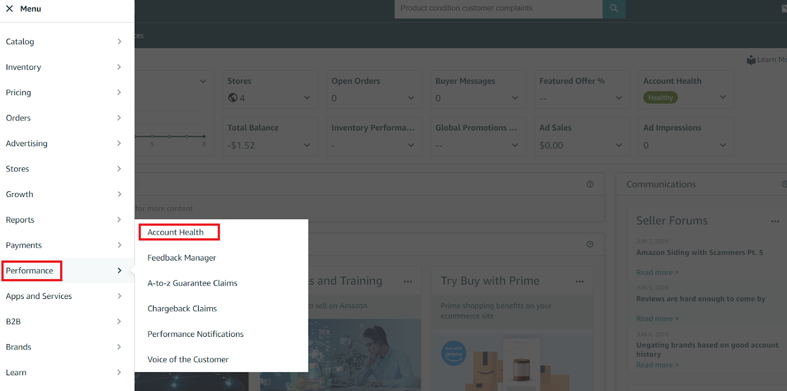 In the Seller Central menu, select Performance, click Account Health.