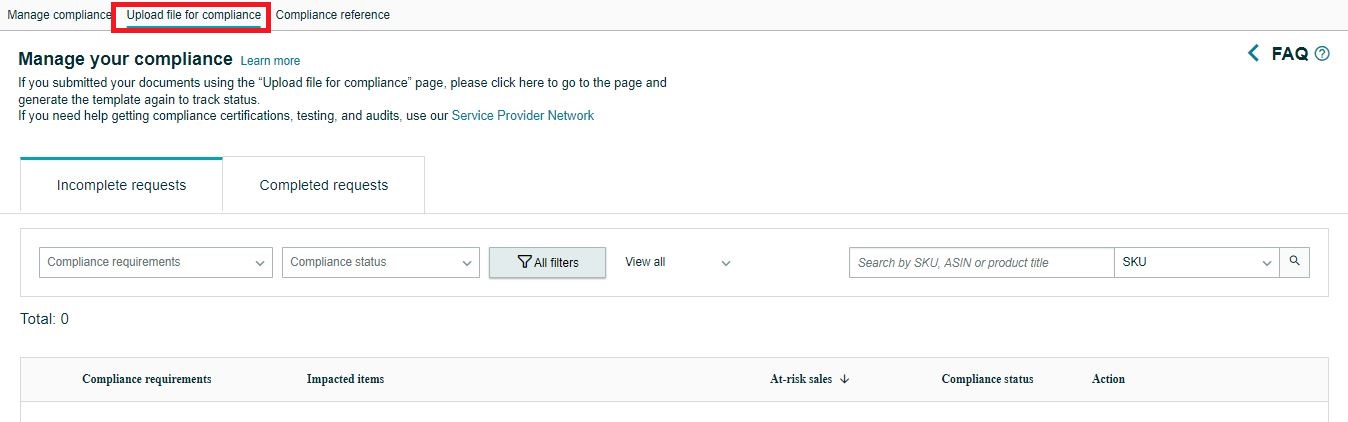 In the upper menu of the Manage Your Compliance dashboard, click the Upload File for Compliance tab. 