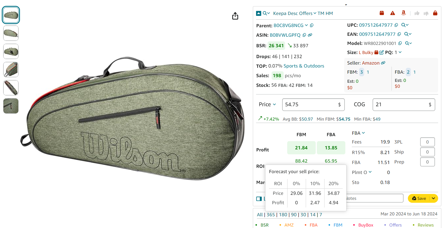 The calculator shows you the selling price with 0, 10, and 20% profit and ROI