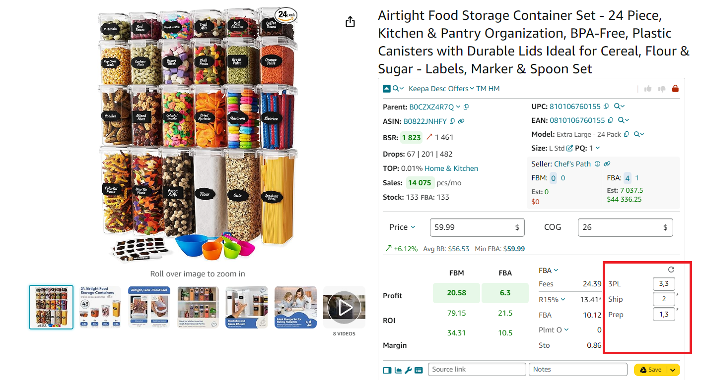 To calculate logistics costs, shipping, and prep costs, enter the costs in the corresponding fields