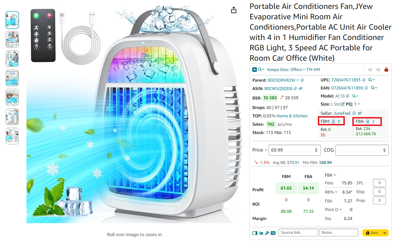 Seller Assistant shows the number of FBA and FBM offers