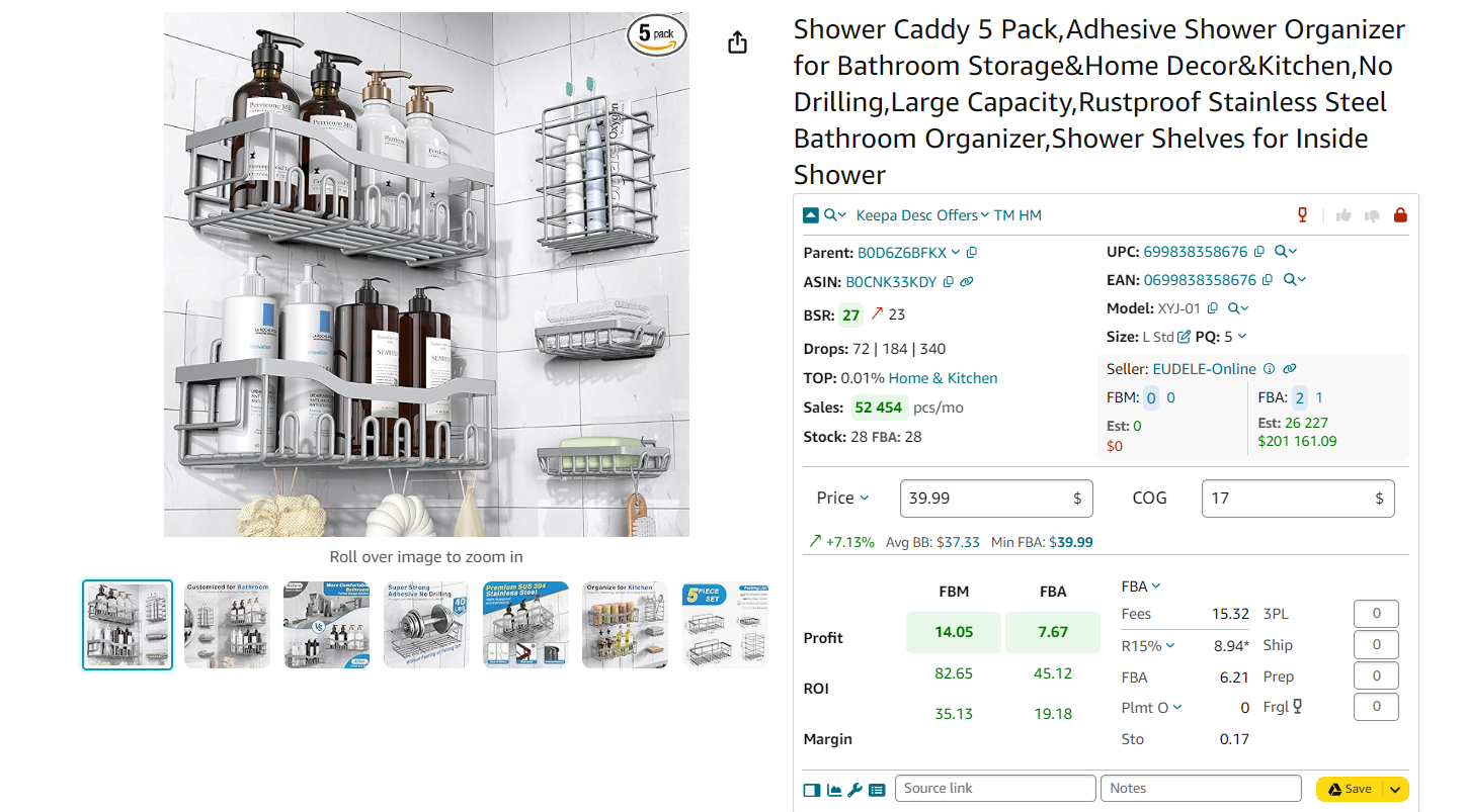 FBM and FBA Calculator shows total Amazon fees, including referral fees (R15%), FBA fees, Inbound Placement Service Fees (Plmt), and monthly storage fees (Sto)