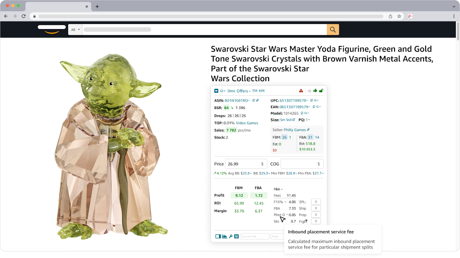 Seller Assistant shows inbound placement service fees in the Plmt line