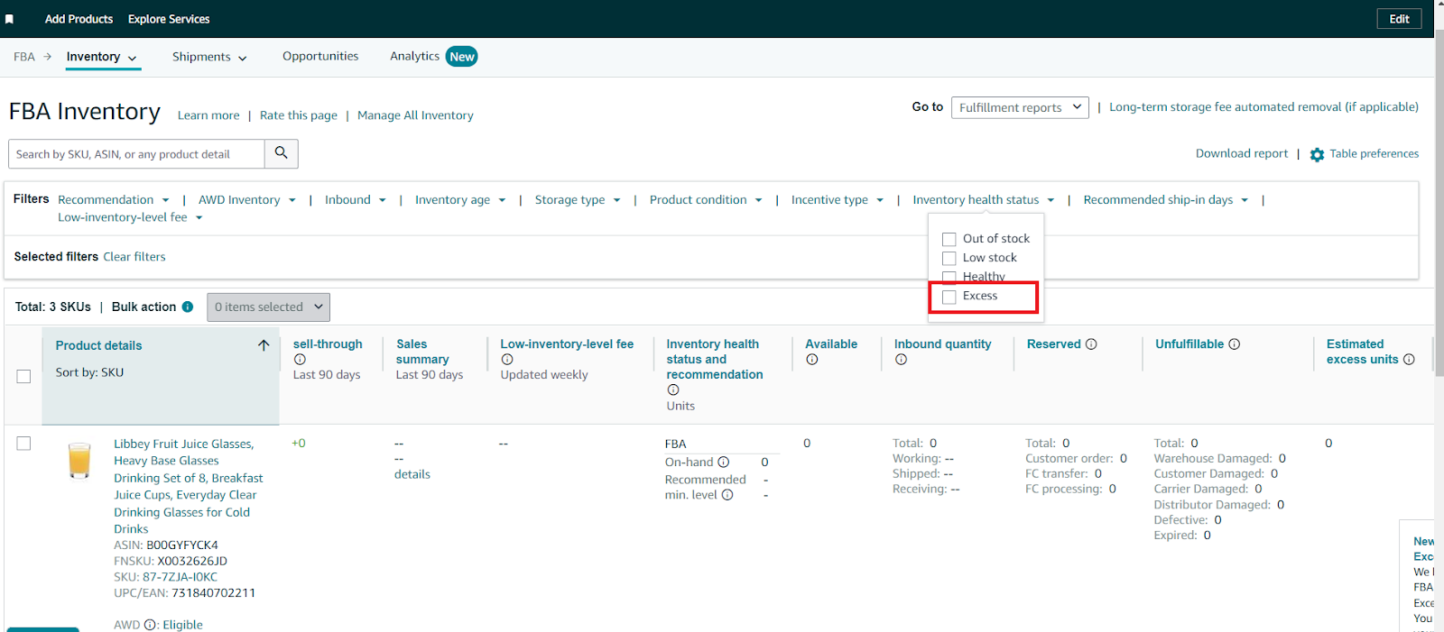 You can track your excess inventory in the FBA Inventory dashboard
