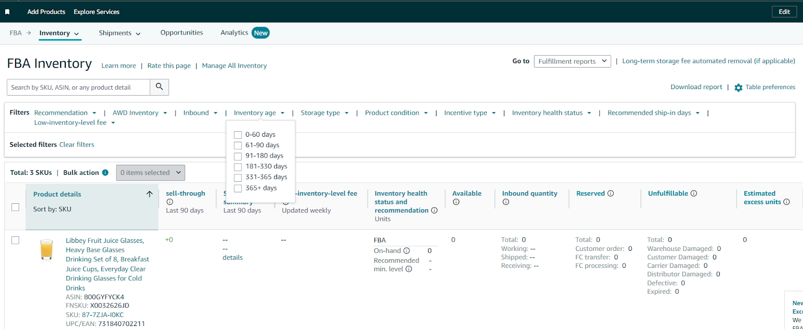 Tip. You can find out your inventory age by filtering out your SKUs by desired age in the FBA Inventory dashboard.