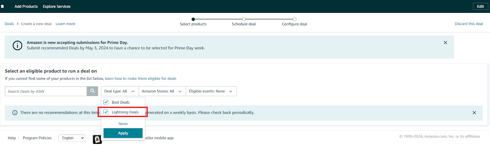 Click "Create a new deal," then select a deal type – “Lightning Deal”