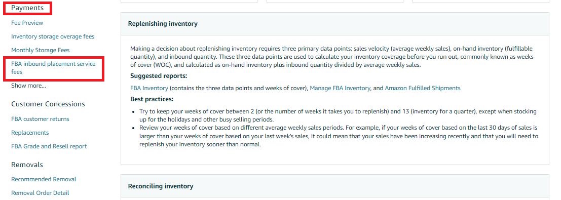 In Payments, and click FBA inbound placement service fees.