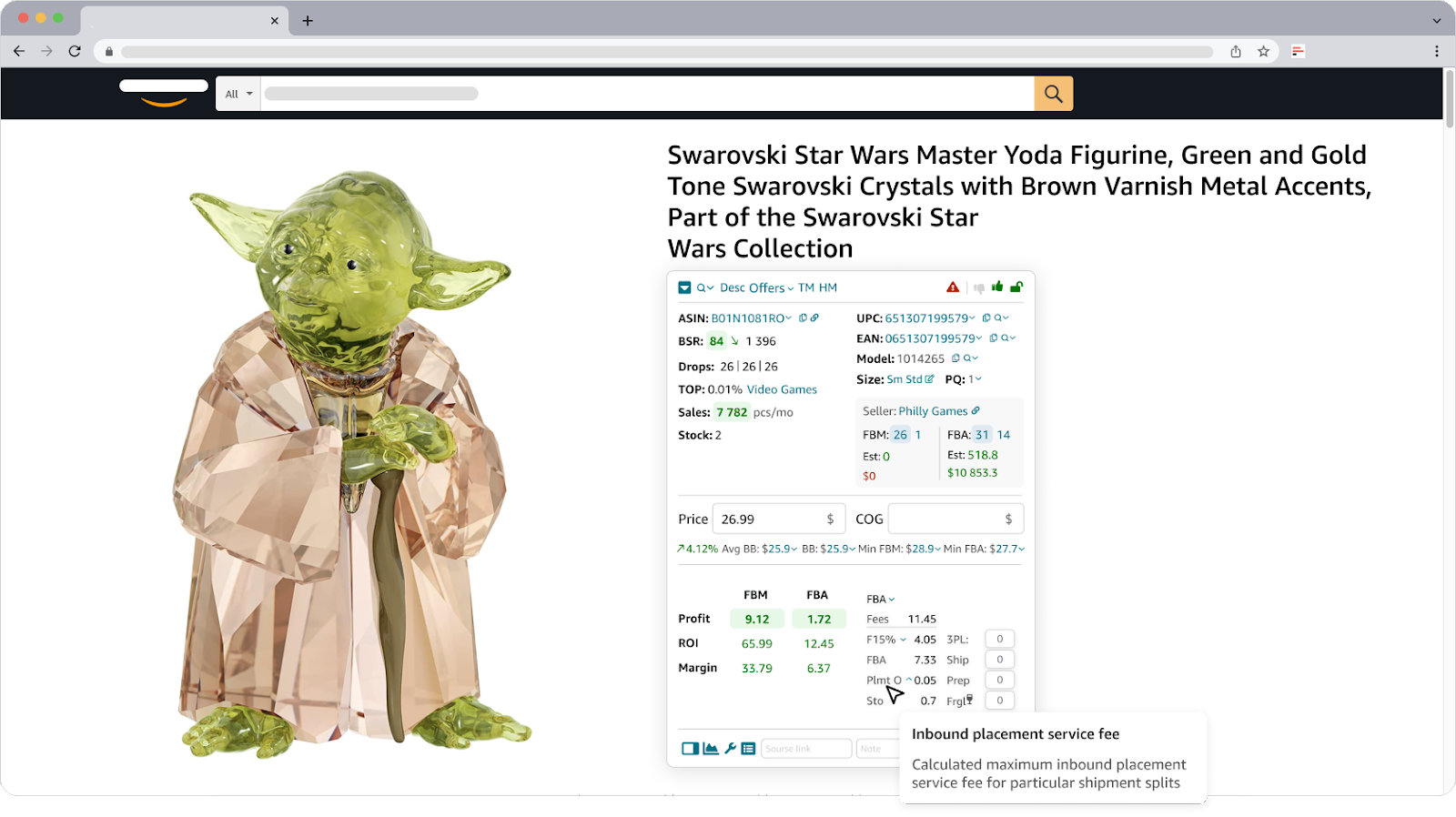 Seller Assistant shows inbound placement service fees in the Plmt line