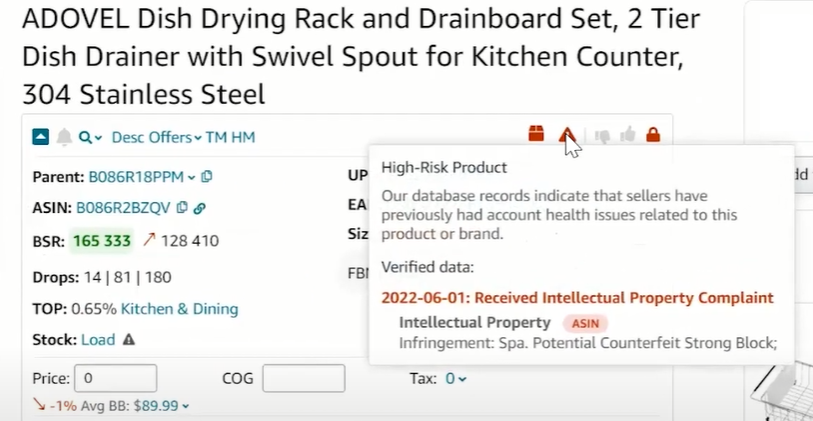 Seller Assistant shows the date and type of IP complaint, and the action taken by Amazon