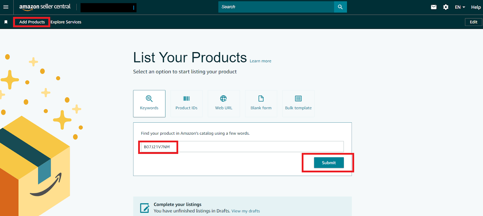 Go to Add a Product, and find a product you want to ungate by ASIN, title, or ISBN. Click the Submit button.