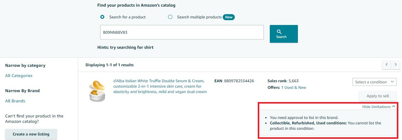 Checking restrictions for existing products in Amazon Seller Central