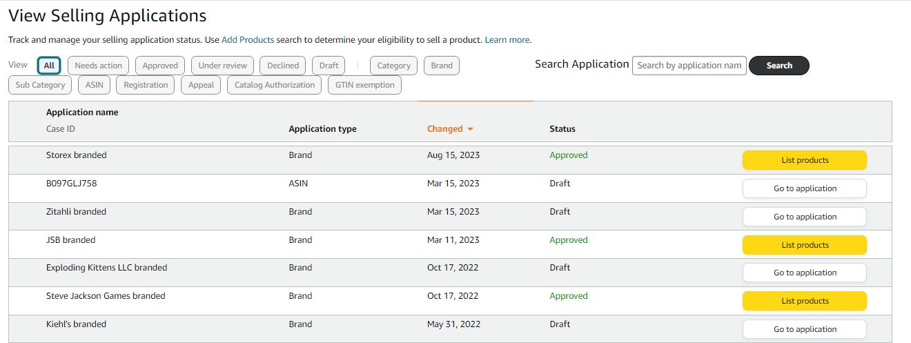 View Selling Applications page