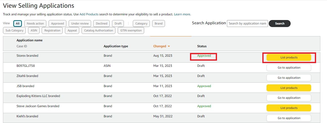 After your product application status in the View Selling Applications page changes to Approved, you can list your product by clicking the List Products button
