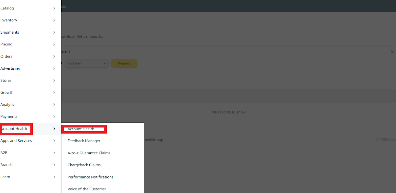 To access the Account Health Dashboard, in the side navigation menu, click ‘Account Health,’ then click ‘Account health’ 
