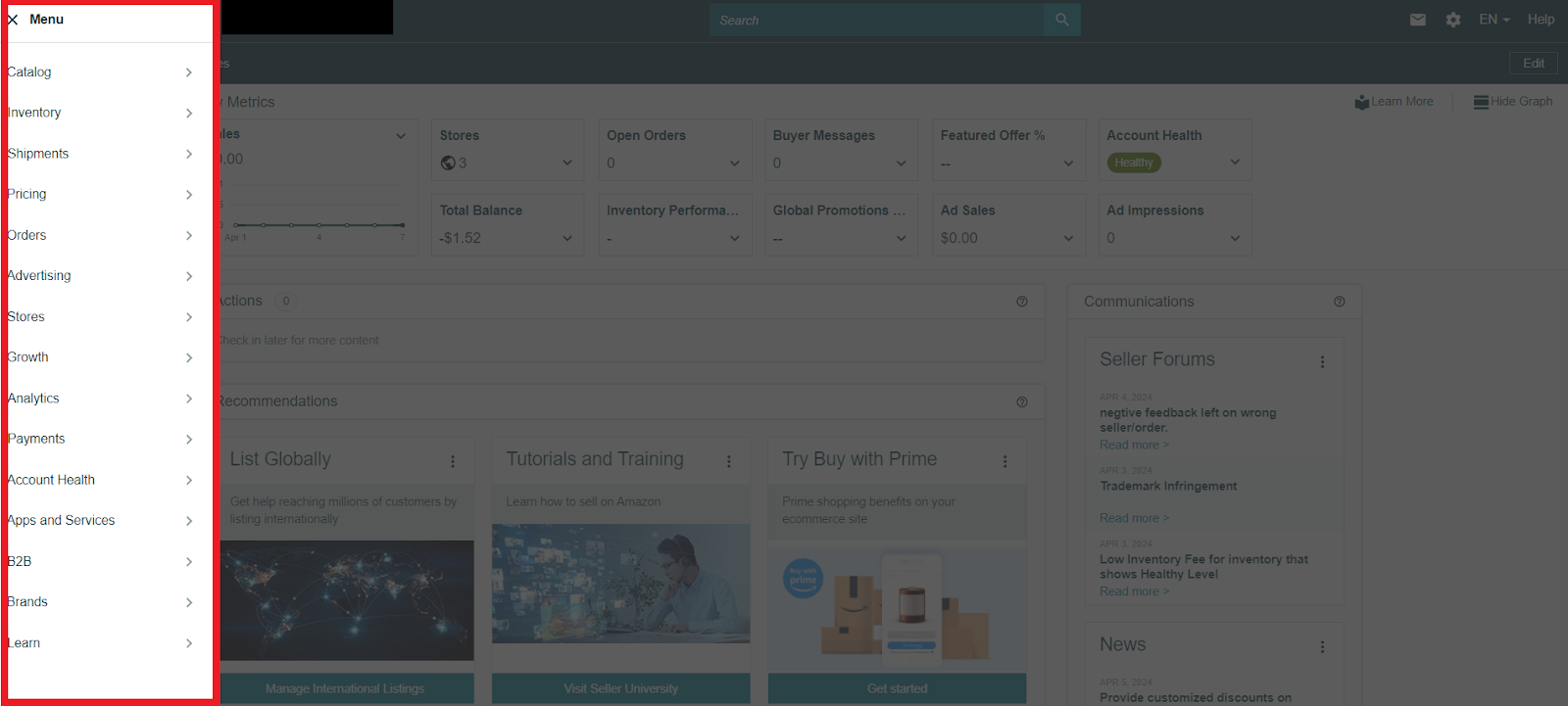 In this menu, you will see all the main things you can do in your Seller Central