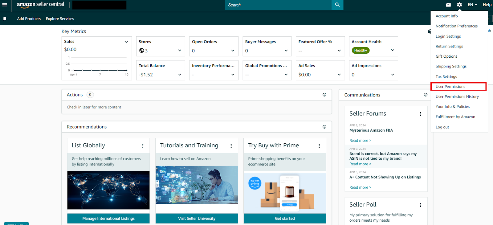 Click the ‘Settings’ tab in the screen's top right corner. From the drop-down menu, select ‘User Permissions’