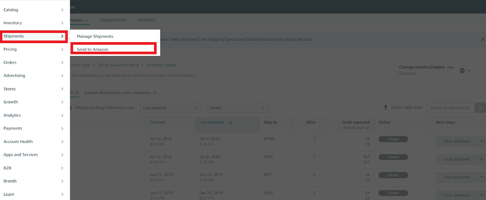  If you want to send inventory to Amazon’s fulfillment centers, click ‘Shipments’ in the side navigation menu and select ‘Send to Amazon.’