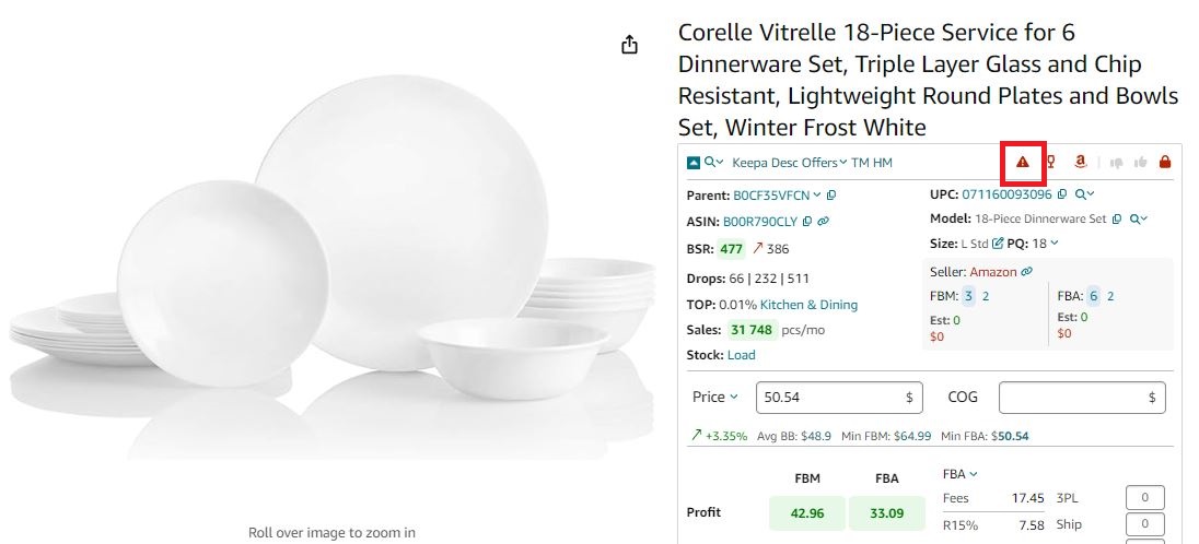 Red Triangle on Seller Assistant's Top Navigation Panel shows that the product has IP Alerts