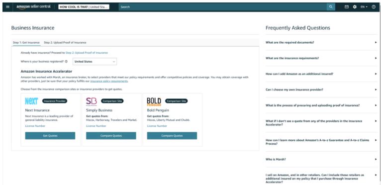 Para cargar el seguro, vaya a Seller Central y acceda a Configuración /> Información de la cuenta > Seguro de empresa