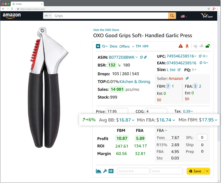 Seller Assistant muestra la dinámica de precios, el precio medio y el precio mínimo