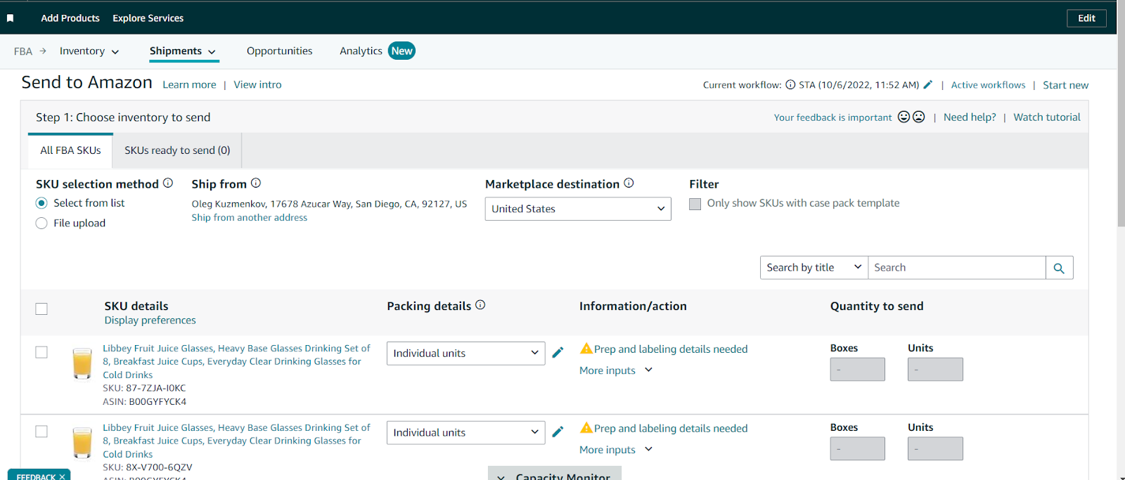 Choose the products you want to send to Amazon and specify the quantity for each item.