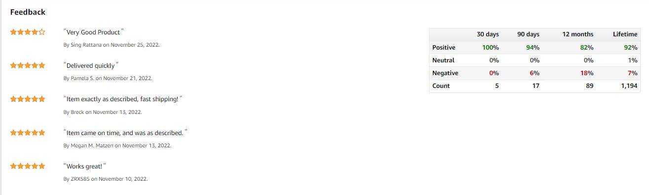 Example of seller feedback