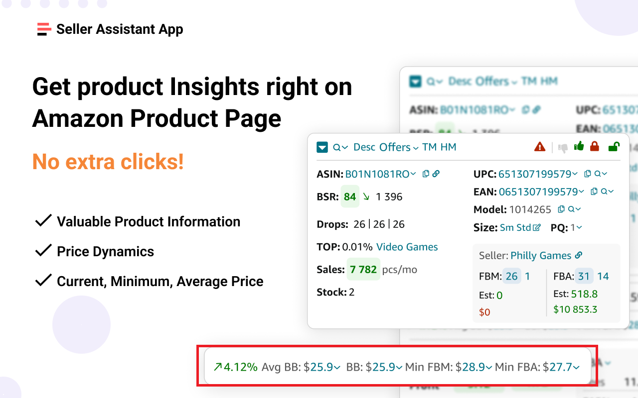 Seller Assistant muestra el precio medio de Buy Box y los precios mínimos de FBA y FBM