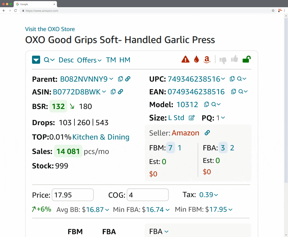 Seller Assistant BSR ve tahmini ürün satışlarını gösterir