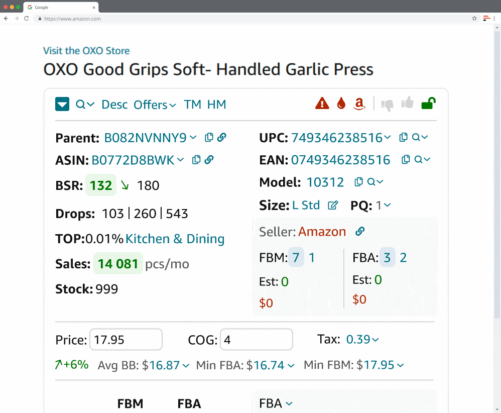 Seller Assistant FBA ve FBM satıcılarını ve potansiyel satışları gösterir