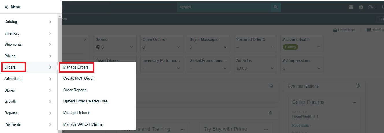 To check when a product sells in Seller Central, from the Menu, go to Orders /> Manage orders