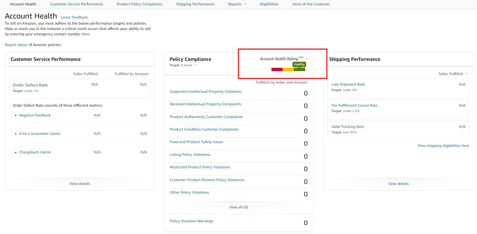 AHR in the Amazon account health dashboard