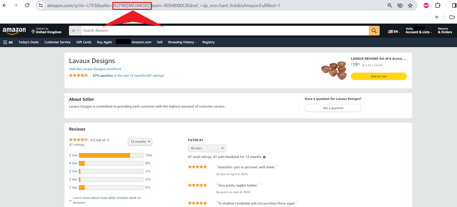 Look for the seller ID in the URL of the profile page. It is found after "seller=" or a similar identifier