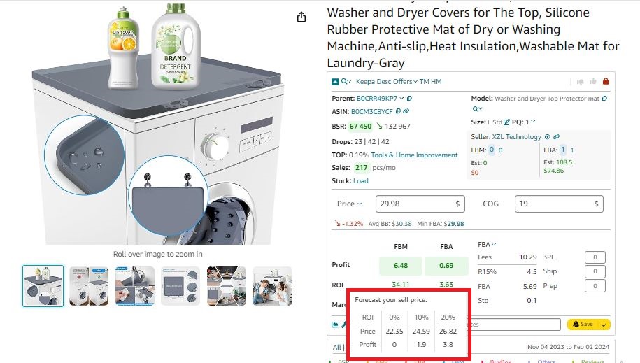 Seller Assistant calculates price with 10% ROI, and price with 20% ROI.