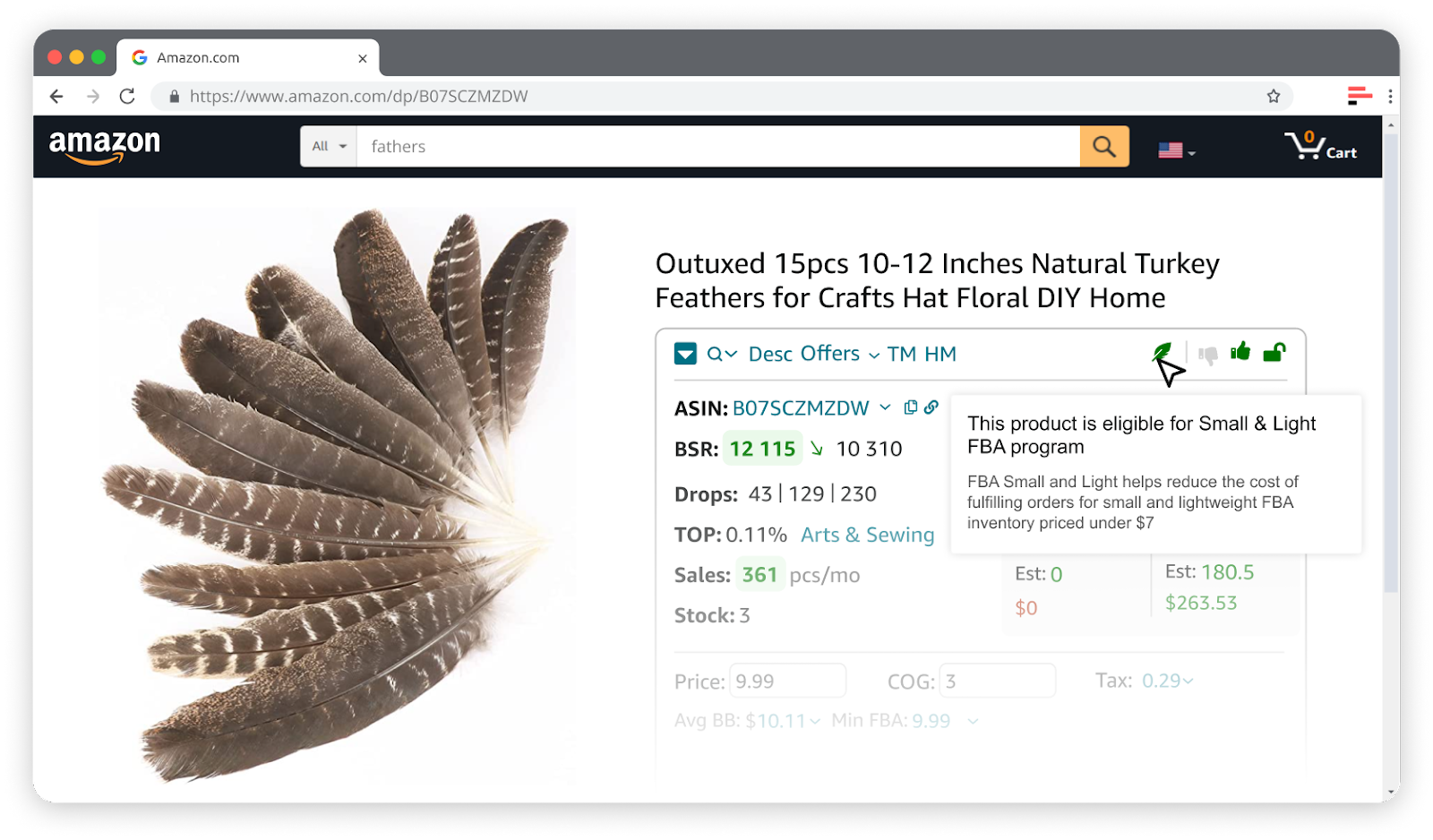 Seller Assistant shows Green Feather icon if the product is profitable with Small and Light