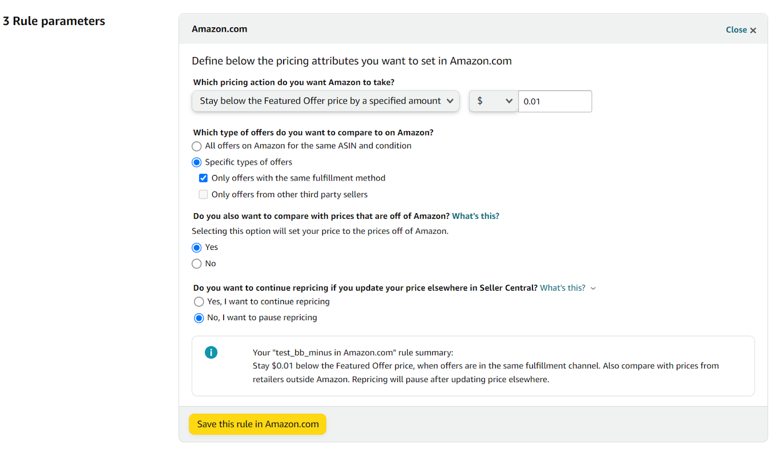 Example of the Amazon pricing rule